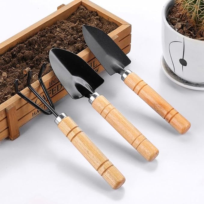 3 PCS Mini Gardening Tool Set, Shovel, Spade, Rake Kit with Ergonomic Wooden Handles, Ideal for Planting, Weeding and Cultivating, Kid Gardening Plant Tool for Cactus Herbs Indoor Miniature Plants