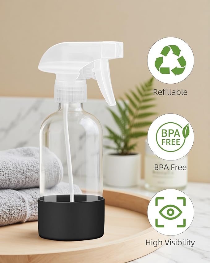2 Pack Glass Spray Bottles 8 oz, Empty Refillable Containers with Silicone Sleeve Protection, Glass Spray Bottles for Cleaning Solutions, Hair and Plants with Adjustable Nozzles Black