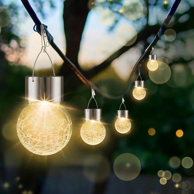 Solar Lights Outdoor Decorative 32 Pack, Hanging Solar Garden Lights Waterproof, Solar Powered Globe Lantern Cracked Glass Ball Lights for Yard Patio Fence Tree Umbrella Holiday Decoration, Warm White