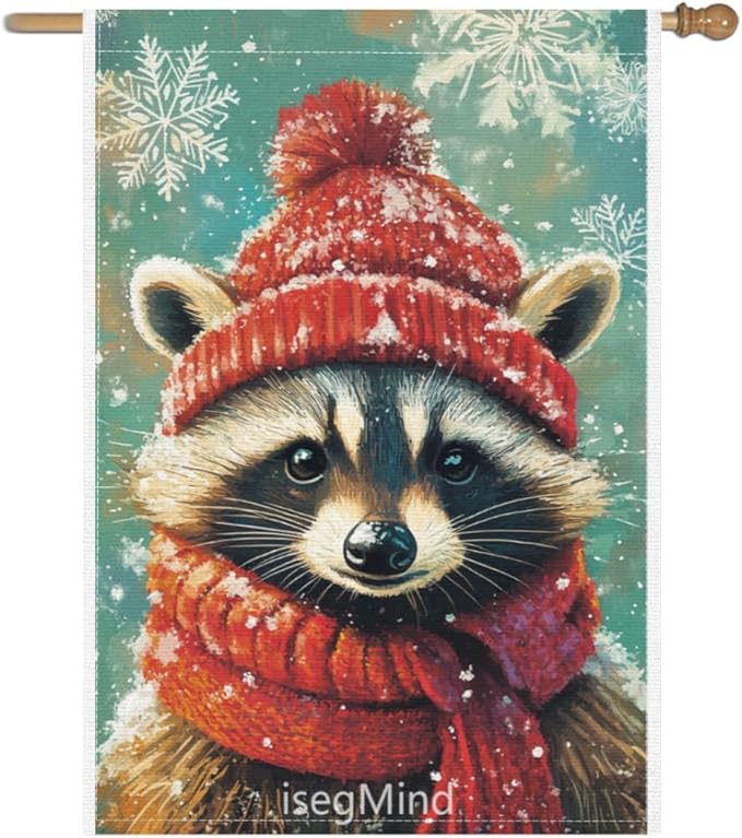 Raccoon with Red Scarf and Hat Snowflake Christmas Garden Flag, 28x40 Inch Double Sided Linen Holiday Red Winter Farmhouse Yard Outdoor Decoration (4326)