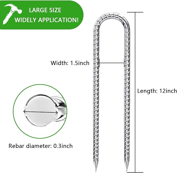 Rebar-Stakes-12-Inch-Galvanized, U Hook Trampoline Stakes 6 Pack Ground Anchors Tent Stakes Heavy Duty for Plants Anti-Rust Landscape Fabric Stakes Artificial Turf