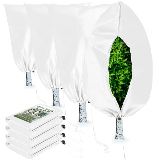 Homimp Plant Covers Freeze Protection, 4 Pack Frost Covers with Zipper Drawstring (23.6" x 31.5") Plant Protection Cover Bags for Outdoor Winter Frost Cold Weather Shrubs Trees Jacket Covers(White)
