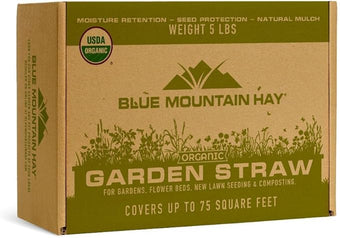 Blue Mountain Hay Organic Garden Straw (5 lb) - Natural Mulch for Gardening, Flower Beds & Landscaping, New Lawn Grass Seeding, Compost, Raised Garden Bed, Cat Grass & Grass Seed