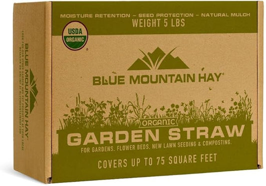 Blue Mountain Hay Organic Garden Straw (5 lb) - Natural Mulch for Gardening, Flower Beds & Landscaping, New Lawn Grass Seeding, Compost, Raised Garden Bed, Cat Grass & Grass Seed