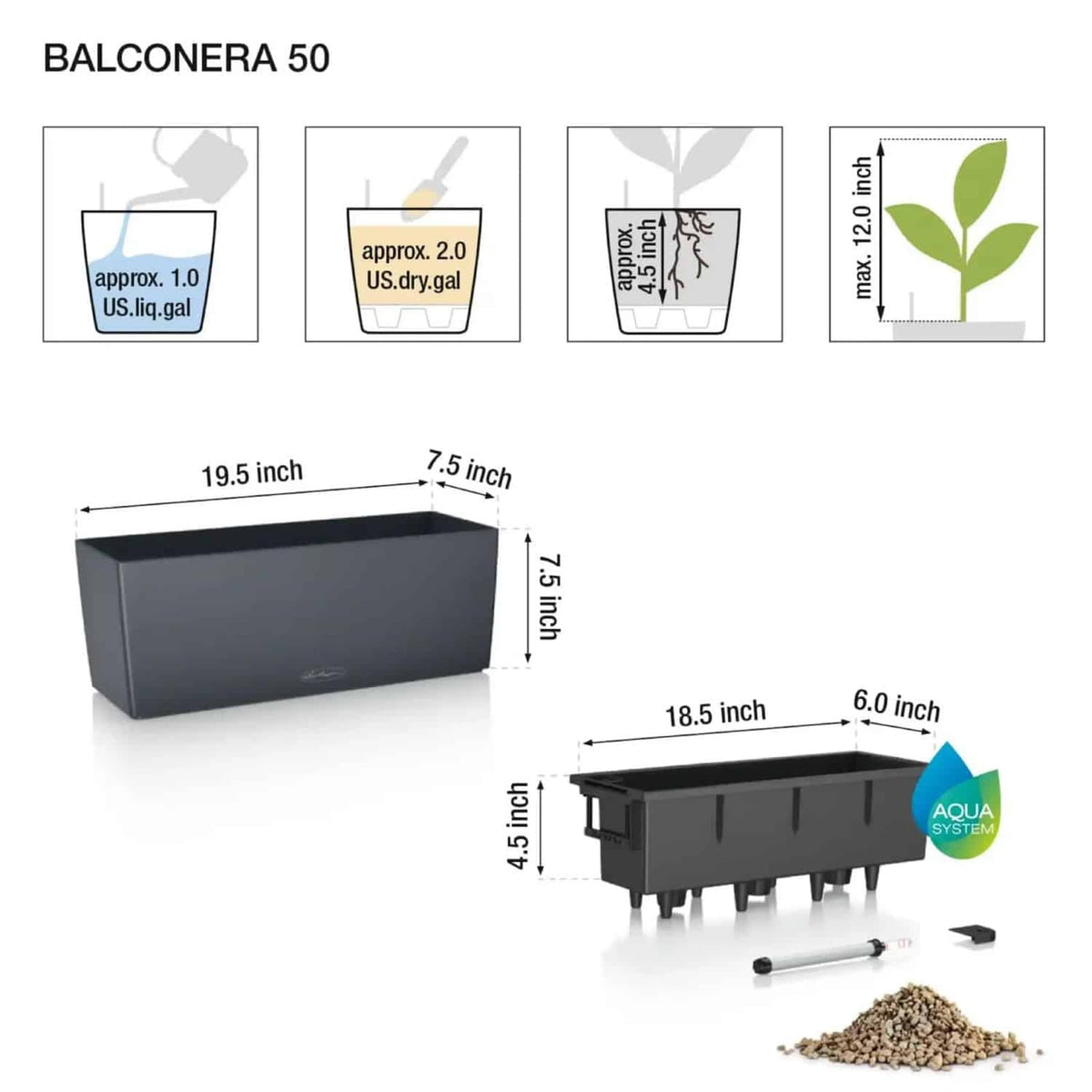 Lechuza BALCONERA Color 50 Petrol Blue, Self-Watering Window Box (Railing Planter), H7.5 L19.7 W7.5 in