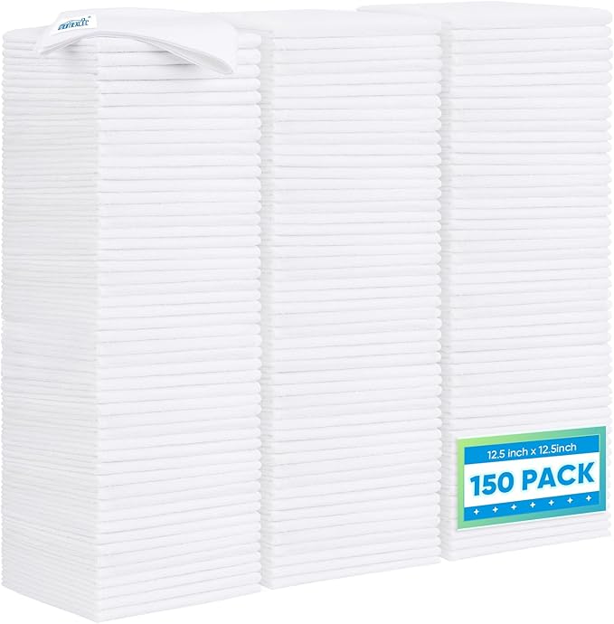 HOMEXCEL White Microfiber Cleaning Cloth 150 Pack, 12.5 x 12.5 inch Microfiber Towels for Car Washing Cleaning Rags for Car, Kitchen, and Window