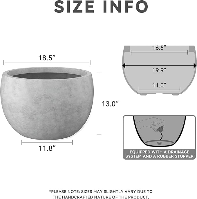 Kante 19.9" Dia Round Concrete Planter, Outdoor/Indoor Large Bowl Plant Pots with Drainage Hole and Rubber Plug for Garden Patio Balcony Home, Natural Concrete