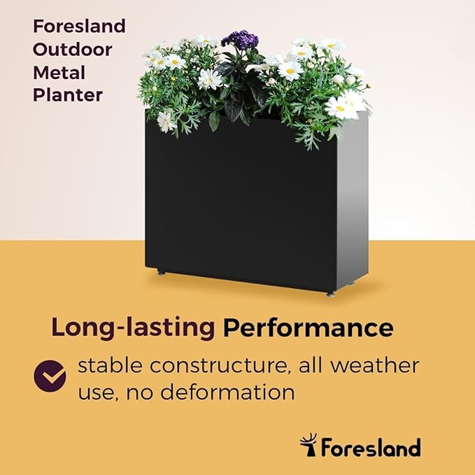 Tall & Long Metal Planter with Middle Shelf, 36W x 11D x 30H Large Rectangular Outdoor Planter Box, Span Divider for Garden, Patio, Yard | Easy 5-Min Assembly, Drainage Holes, Adjustable Feet, Black