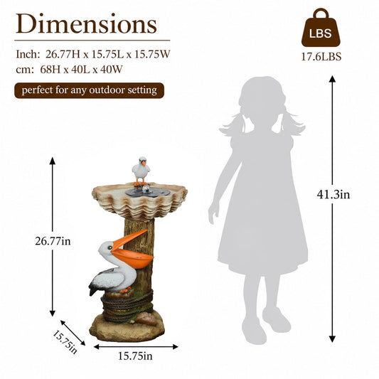 GardesT 26.77" H Outdoor Pelican Garden Statue with Solar Bird Bath and Feeder, Weather-Resistant Freestanding Water Fountain Feature, Whimsical Yard Decor for Wild Birds, Patio, Porch and Outside