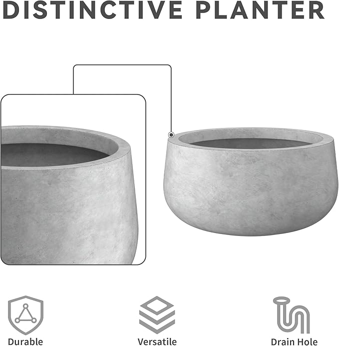 Kante 11.8" Dia Round Concrete Planter, Cement Plant Pots with Drainage Hole and Rubber Plug for Outdoor Indoor Garden Home, Modern Curvaceous Design, Natural Concrete