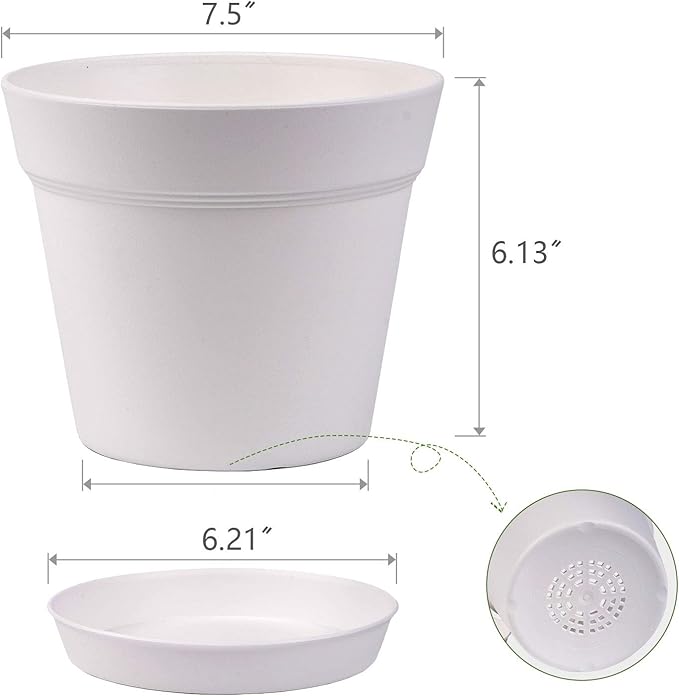 homenote Pots for Plants, 8 Pcs 7.5 Inch Plastic Planters with Multiple Drainage Holes and Tray - Plant Pots for All Home Garden Flowers Succulents, Cream White