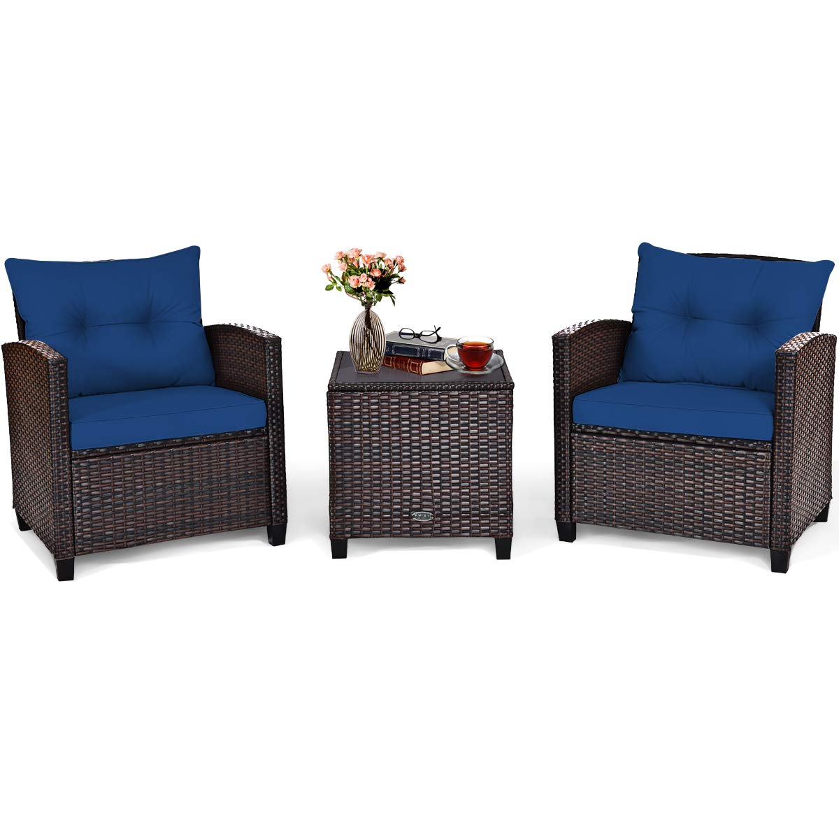 Tangkula 3 Pieces Patio Furniture Set, PE Rattan Wicker 3 Pcs Outdoor Sofa Set w/Washable Cushion and Tempered Glass Tabletop, Conversation Furniture for Garden Poolside Balcony (Blue)