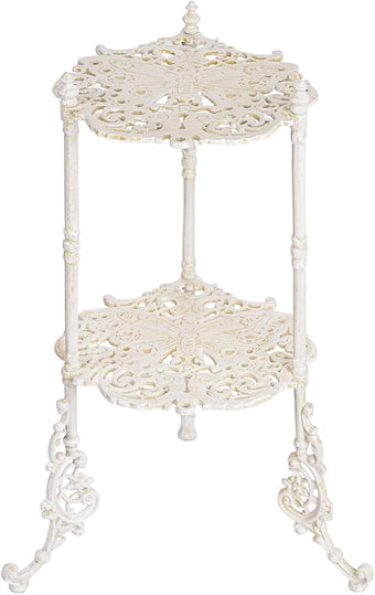 Sungmor Vintage Cast Iron 2-Tier Plant Stand, Elegant Butterfly & Floral Design with Antique White Finish, 24 Inch Tall Rustic Flower Pot Holder, Heavy Duty Metal Display Shelf for Indoor and Outdoor