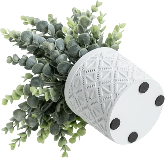 MyGift Artificial Eucalyptus Plant in Modern Gray Concrete Pots with Geometric Embossed Pattern (1, White)