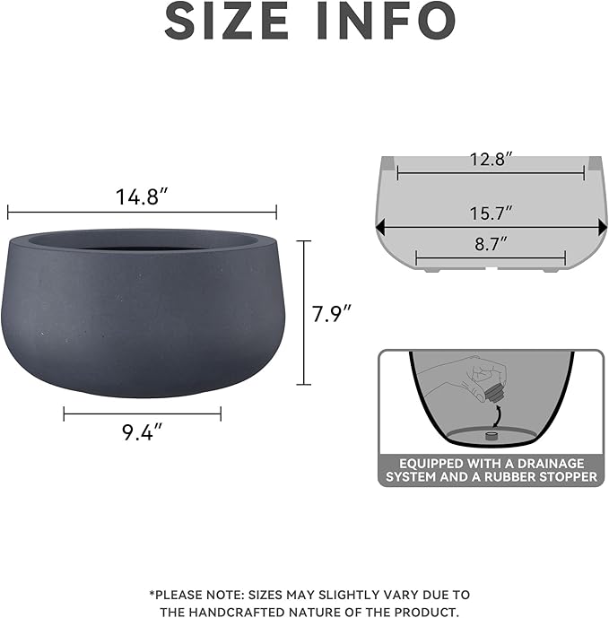 Kante 15.7" Dia Round Concrete Planter, Outdoor Indoor Garden Plant Pots with Drainage Hole and Rubber Plug, Modern Curvaceous Design, Charcoal