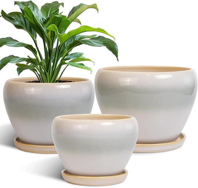 Ceramic Flower Pots, Modren Round 10 Inch 8 Inch 6 Inch Planters with Drainage Holes and Plant Saucers for Indoor Outdoor Flower, Garden Decor, Gifts for Plant Lovers, Set of 3, White-Grey