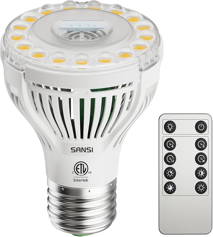 SANSI Dimmable Grow Light Bulb, Full Spectrum with Remote Control, Auto On Off Timing 4 8 12 Hrs, 5W PAR20 (75 Watt Equiv) Grow Lamp with Optical Lens for High PPFD, Energy Saving for Indoor Plants