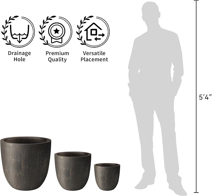 Kante Round Concrete Planter Set of 3, Large Outdoor Indoor Plant Pots with Drainage Hole, 10/14/18-Inch Diameter Flower Pots for Patio, Garden and Home, Antique Bronze