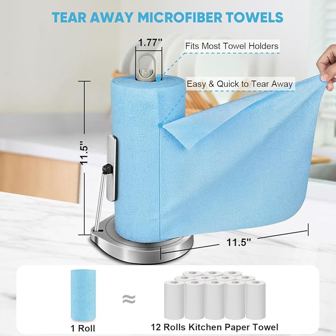 AIDEA Microfiber Cleaning Cloth Roll, 75PK, Reusable Tear Away Paper Towels, Microfiber Towels for Cars, Washable Shop Rags Blue, Lint Free Rags for House, Mechanic, Workshops, 11.5"×11.5"