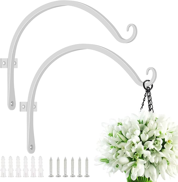 FEED GARDEN 2 Pack 12 Inch Hanging Plant Bracket Wall Hooks Decorative Plant Hangers for Outdoor Hanging Bird Feeders, Wind Chimes, Plant Baskets, White