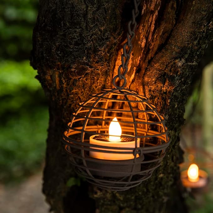 Solar Hanging Lanterns Outdoor Waterproof, Rust Iron Ball Candle Holder with Flickering Solar Powered Tea Lights, Perfect Chargeable Solar Lights for Backyard Patio Garden Fence Tree Decoration-4Pack