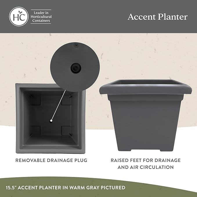 The HC Companies Accent Square Plant Pot w/Drainage - Classic Planters for Outdoor Plants & Indoor Plants - Lightweight & UV-Resistant Square Planter Box (15.5”, Warm Gray, Pack of 1)
