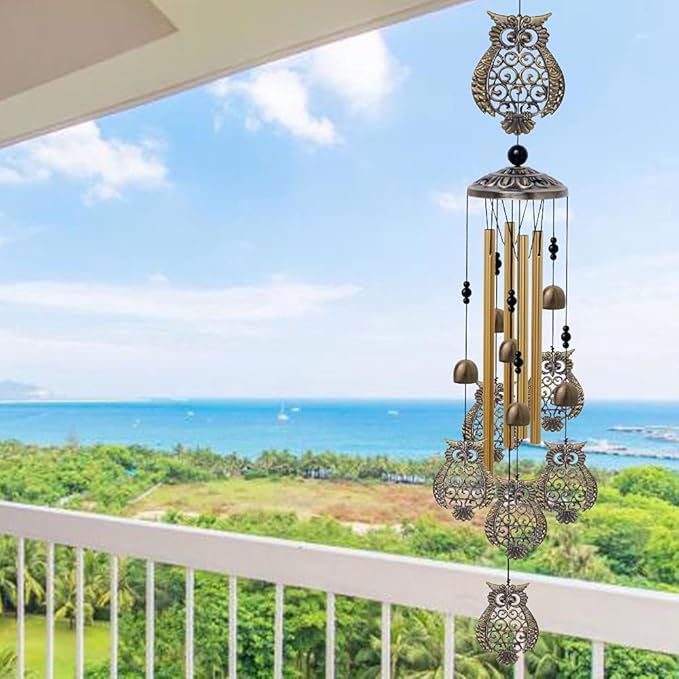 Garden Owl Wind Chimes Outdoor Indoor Decor - with 4 Tubes 6 Bells 7 Owls 36In Waterproof Mobile Romantic Windchimes, Owls Wind Catcher for Home, Xmas Mom Gifts, Balcony, Festival, Garden Decoration