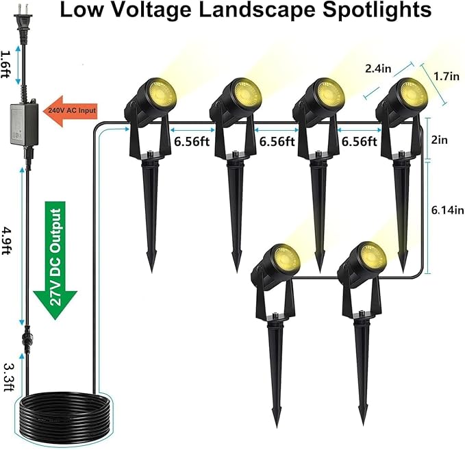 SUNTHIN Outdoor Landscape Lighting, 6 Pack Outdoor Spot Lights with Transformer for Yard, Plant, Lawn, Tree, Flags, House, Garden, Fence Use, IP65 Waterproof & Connectable