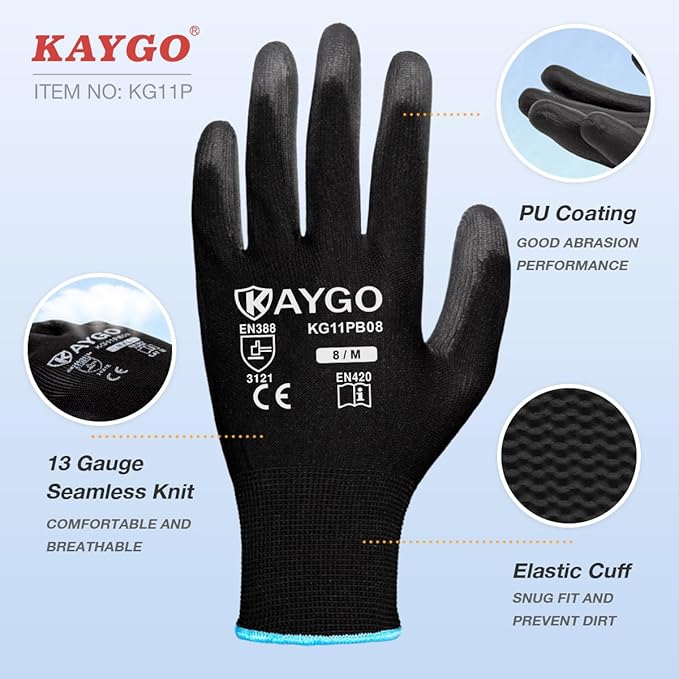 KAYGO Safety Work Gloves PU Coated,60 Pairs KG11PB Seamless Knit Glove for Men and Women, with Smooth Grip on Palm and Fingers, Ideal for General Duty Work (Medium, Black)