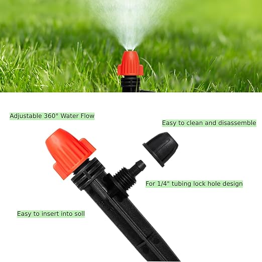 Drip Irrigation Emitters for 1/4" Tubing: Adjustable 360 Degree Drip Spray Emitters with Lock Barbed - Misting Drippers with Stake for Garden Watering System(30pcs)