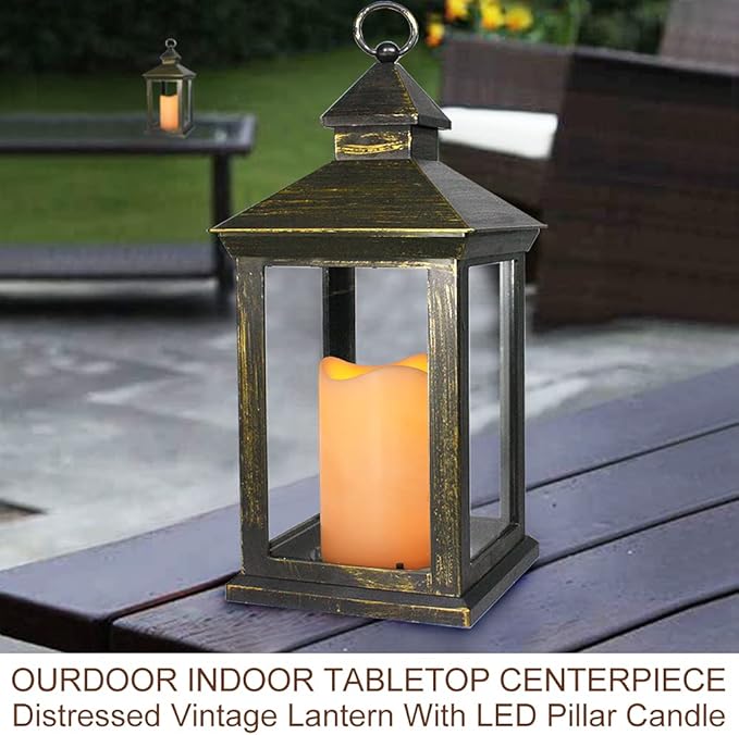 Bright Zeal 2-PACK 14 Inch Vintage Decorative Candle Lanterns With Timer - IP44 Waterproof Distressed Gold Decorative Outdoor Lanterns Battery Powered - Hanging Decorative Lanterns For Wedding Indoors