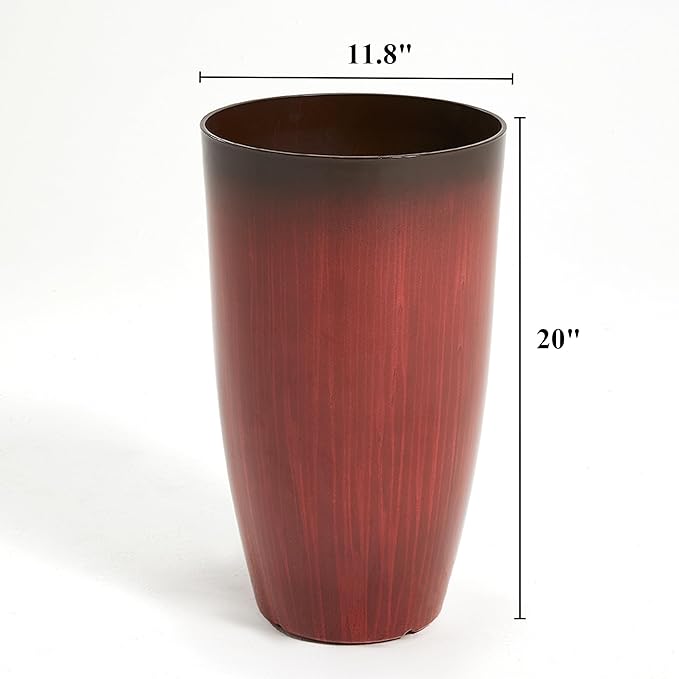 Worth Garden 20" H. Plastic Planters - Set of 2 Gradient Red Glossy Smooth Finish - Tall Plant Pots Drain Hole for Indoor Outdoor Use - Decorative Lightweight Flower Pots for Front Porch, Patio, Deck