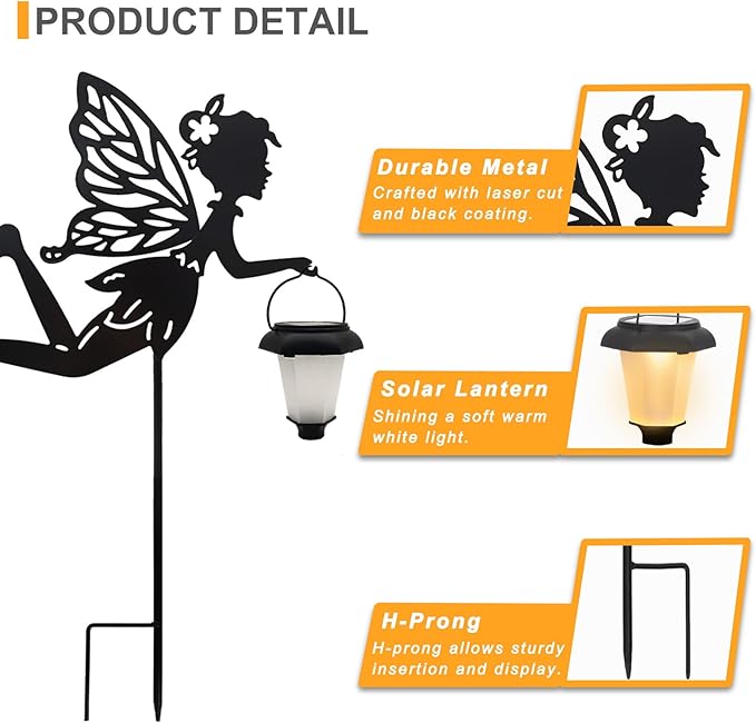 Solar Fairy Garden Stake Decorative Lantern, 2 Pack Metal Fairy Angel Garden Silhouette Lights for Lawn, Pathway, Patio, Yard Outdoor Decor