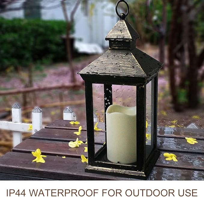Bright Zeal 2-PACK 14 Inch Vintage Decorative Candle Lanterns With Timer - IP44 Waterproof Distressed Gold Decorative Outdoor Lanterns Battery Powered - Hanging Decorative Lanterns For Wedding Indoors