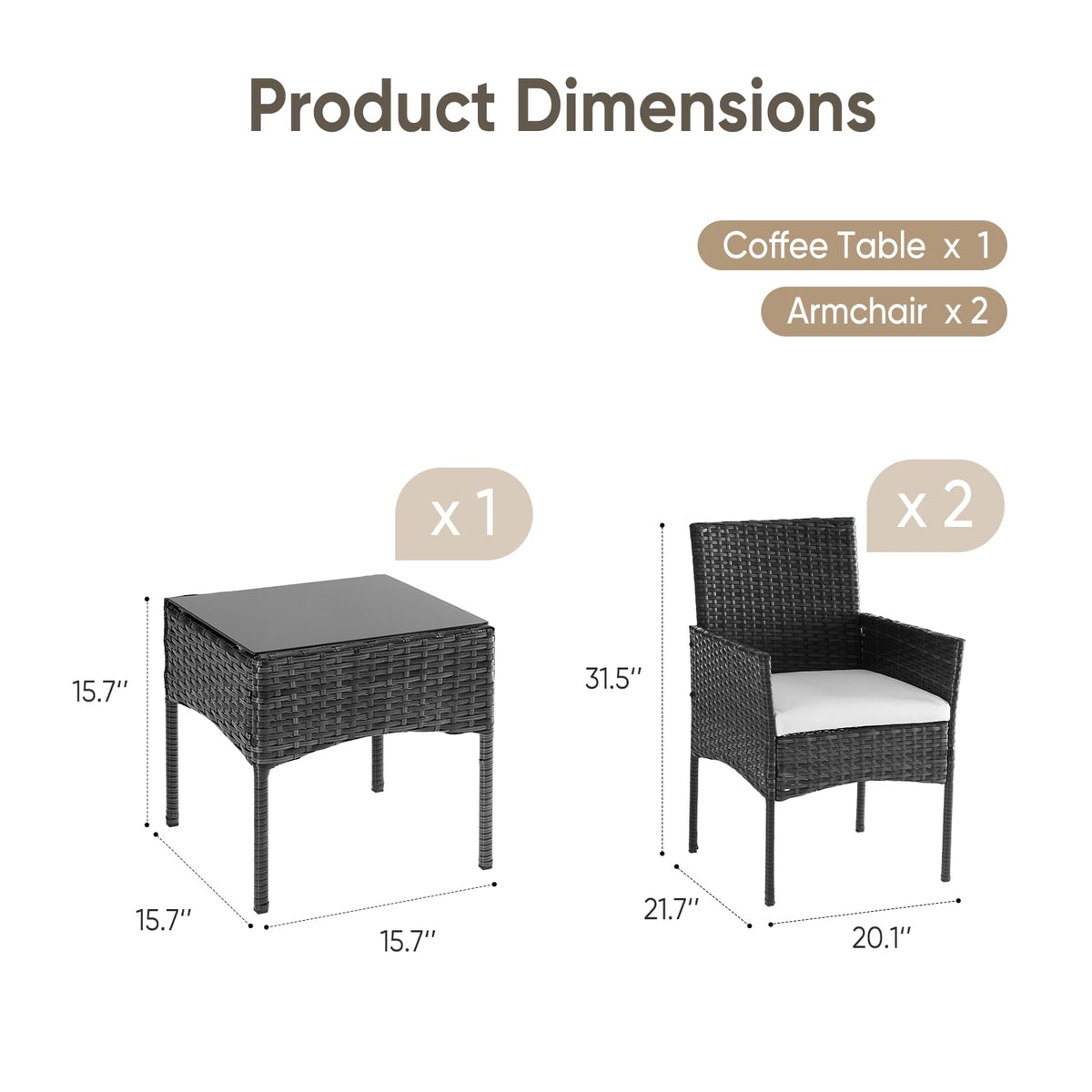 DUMOS 3 Piece Patio Furniture Set, Outdoor Wicker Bistro Set, Black