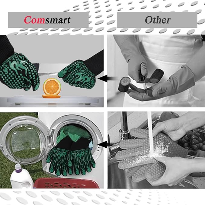 Comsmart BBQ Gloves, 1472°F Heat Resistant Grilling Gloves Silicone Non-Slip Oven Gloves Long Kitchen Gloves for Barbecue, Cooking, Baking, Short, Green