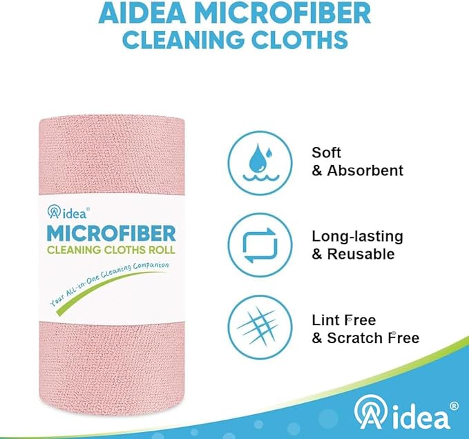 AIDEA Microfiber Cleaning Cloth Roll, 55 Sheets, Pink Towel, Microfiber Towels for Cars, Reusable Paper Towels, Shop Rags Washable, Cleaning Rags for Automotive, House, Kitchen, Cleaning Supplies11×9"