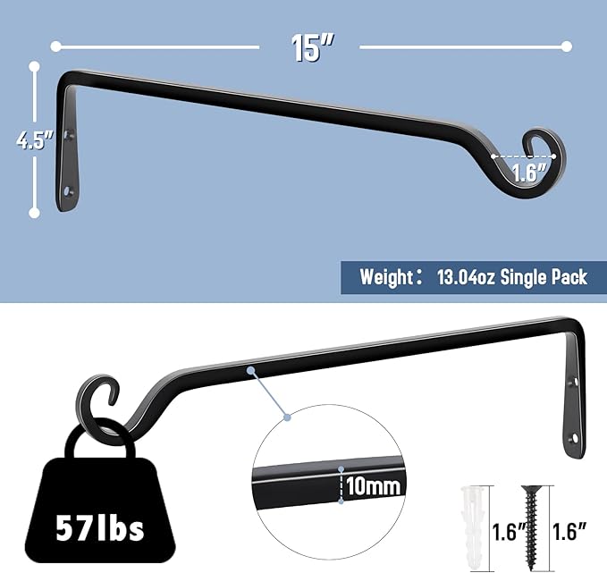 FEED GARDEN 15 Inch 2 Pack Hand-Forged Hanging Plant Bracket Heavy Duty Metal Plant Hangers for Outdoor Hanging Bird Feeders Lanterns Wind Chimes Black