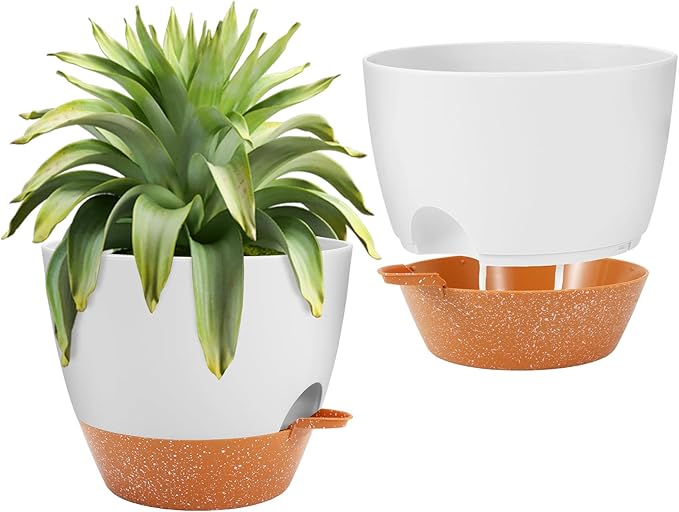 GARDIFE 10 inch Plant Pots,Self Watering Pots, 2 Pack Flower pots, Large Plastic Planters with Deep Reservior and High Drainage Holes for Indoor Outdoor Plants and Flowers, White