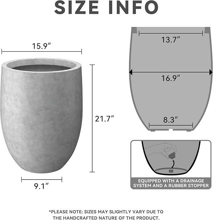 Kante 21.7" H Natural Concrete Tall Planter, Large Outdoor Indoor Decorative Pot with Drainage Hole and Rubber Plug, Modern Round Taper Style for Home and Patio