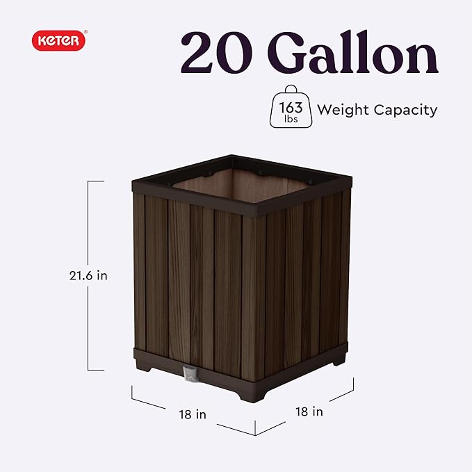 Keter Signature 21.6 Inch Tall Square Large Wood Look Planter for Indoor or Outdoor Flower Pot Ideal for Patio Deck and Front Porch Decor, Rosewood