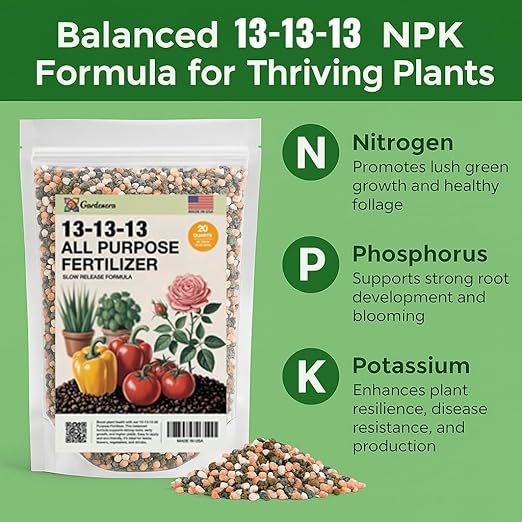 Gardenera 13-13-13 Slow Release Granular Fertilizer – All Purpose Plant Food 13 13 13 for Outdoor Grass, Vegetables, Roses, Flowers, Shrubs, Trees. Lawns, Gardens, Potted Plants (12 OZ)