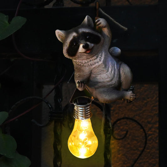 Resin Raccoon Garden Statue Solar Fence Lights Outdoor Hanging Decor Porch