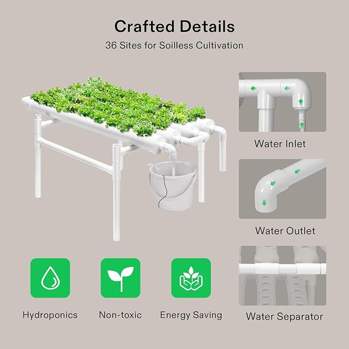 VIVOSUN Hydroponic Grow Kit, 1 Layer 36 Plant Sites 4 Food-Grade PVC-U Pipes Hydroponics Planting System with Water Pump, Pump Timer, Nest Basket and Sponge for Leafy Vegetables