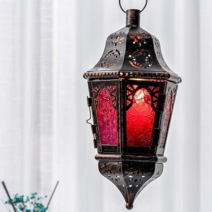 DECORKEY Ramadan Decorations, Lantern Decorative Indoor & Outdoor, 13.6’’ Moroccan Vintage Decorative Hanging Lantern with Chian for Home Porch Patio Decor, Metal Christmas Candle Holders(Rose Red)