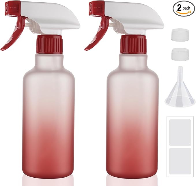 Plastic Spray Bottles 12oz 2 Pack Adjustable Mist/Stream Spraying Heavy Duty Square Water Spray Bottles for Hair, Cleaning Solutions, Plants, Essential Oils (Red)