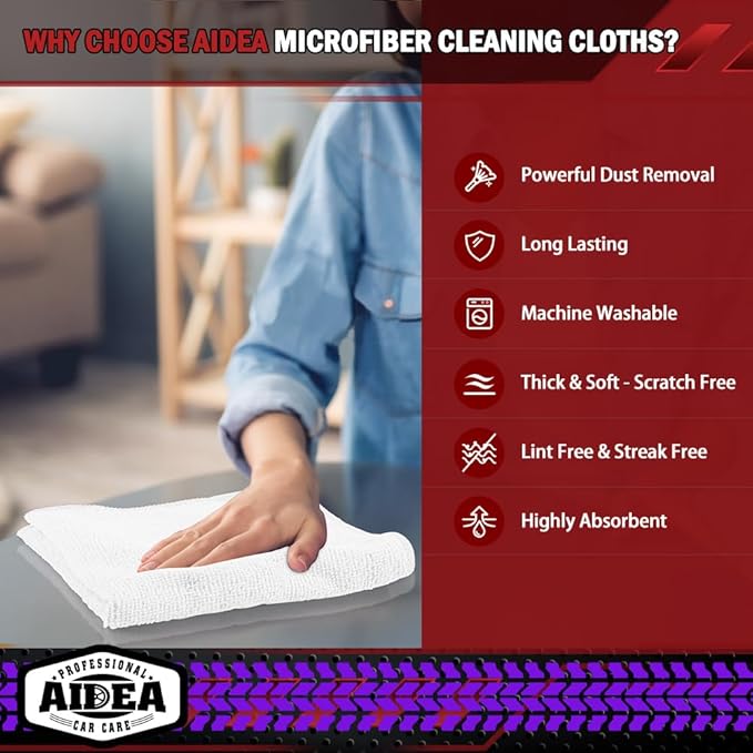 AIDEA Microfiber Cleaning Cloth White 50PK, Microfiber Towels for Cars, Premium Car Cloths, Dusting Cloth Lint Free Cleaning Rags for SUVs, House, Kitchen, Window, Workshops,12×12"