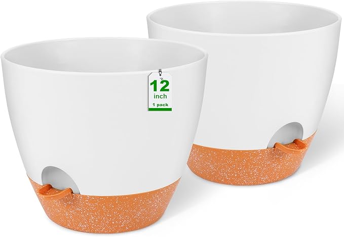 GARDIFE 12 inch planters, Plant Pots,Self Watering Pots, 2 Pack Large Plastic Flower pots with Deep Reservior and High Drainage Holes for Indoor Outdoor Plants and Flowers, White