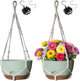 LESOASIS 12 Inch Hanging Baskets for Plants Outdoor, Hanging Planters for Indoor Outdoor Plants, Hanging Planter with Self Watering, Hanging Flower Pots (Green Planter with Macrame + Iron Hangers)