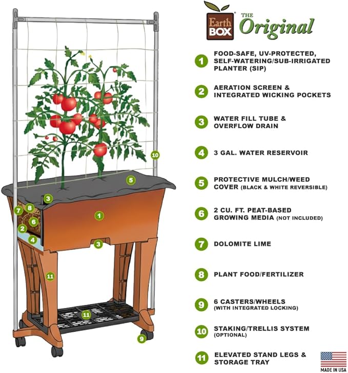 EarthBox Raised Garden Bed with Legs – Elevated Self Watering Planter Box with Wheels, Storage Shelf, Premium Plant Food, Easy Assembly, Made in USA, Terra
